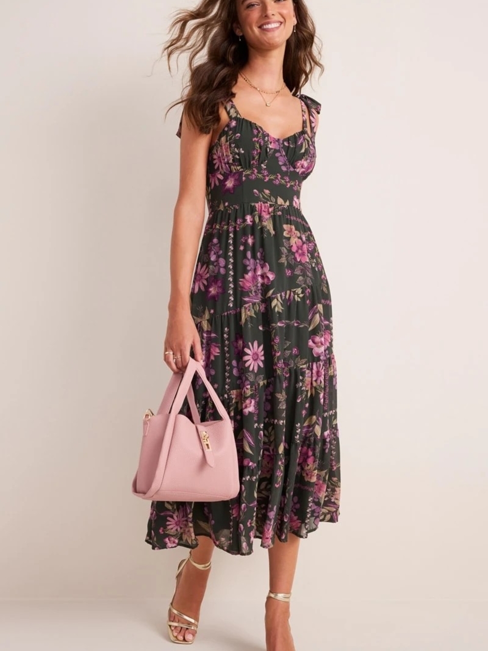 Francesca's Collections Dark Green Midi Dress with Pink Floral Print